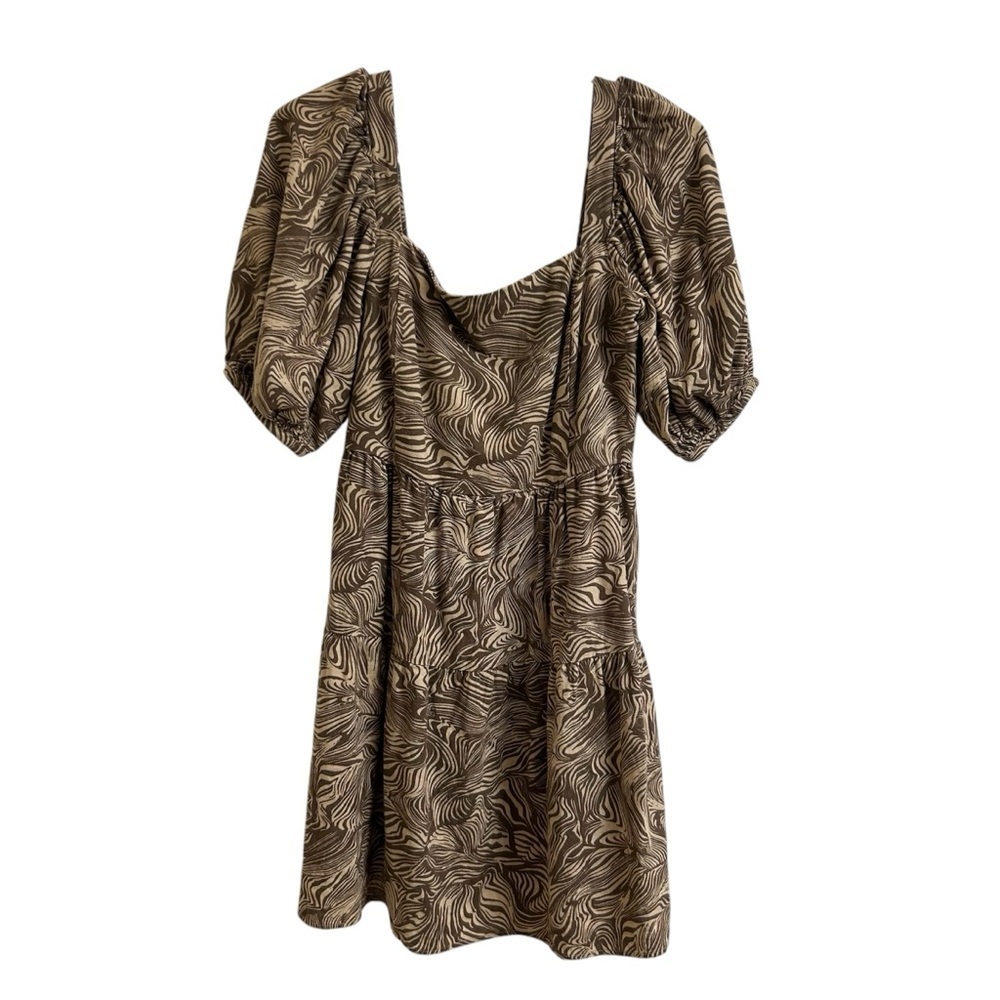 House of Harlow 1960 Linen Puff Sleeve Tiered Smocked Brown Mini Dress Size XS - Picture 1 of 8